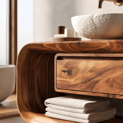Natural Solid Wood Floating Bathroom Vanity with Drawer and Open Shelf - Livewoodcraft - 5