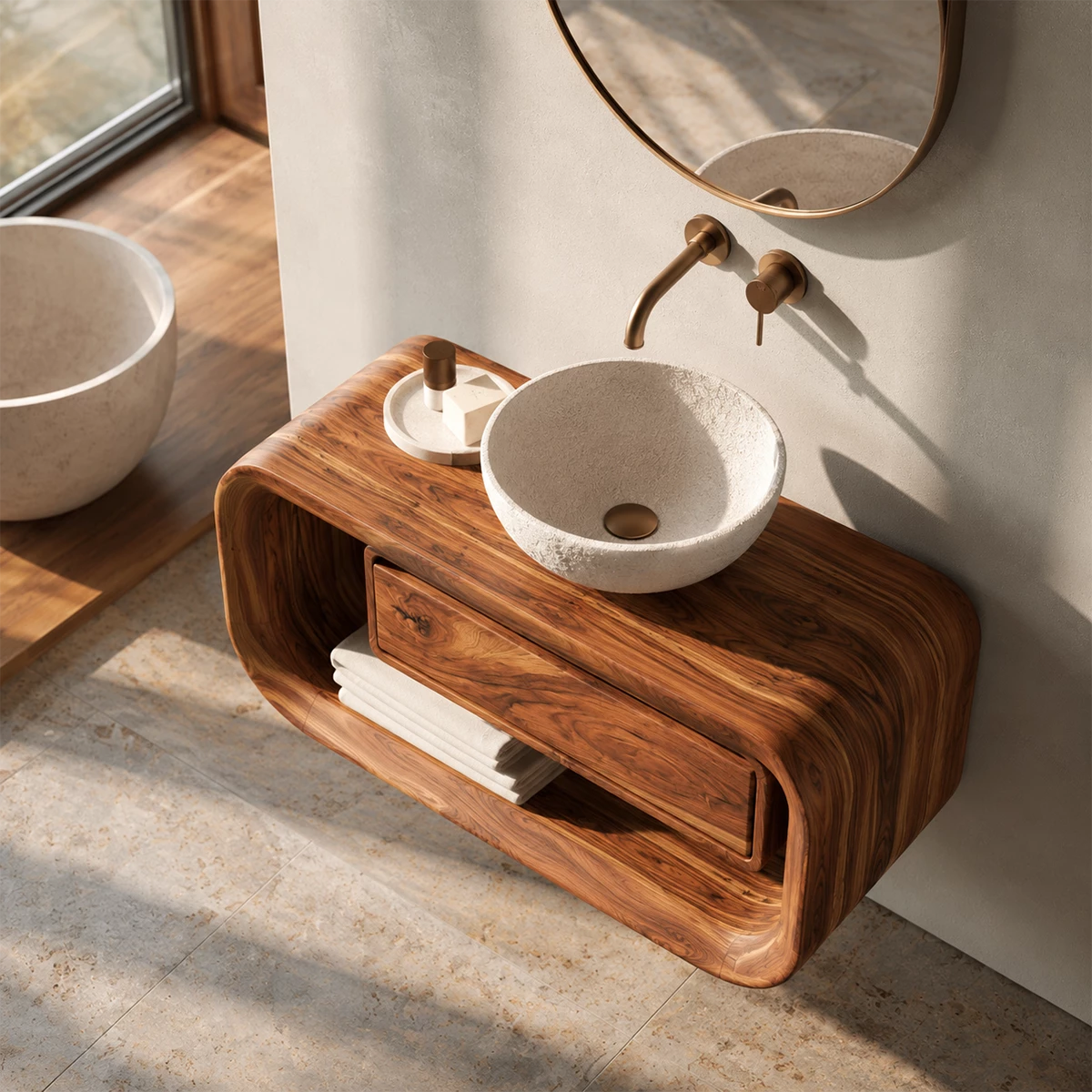 Natural Solid Wood Floating Bathroom Vanity with Drawer and Open Shelf - Livewoodcraft - 6