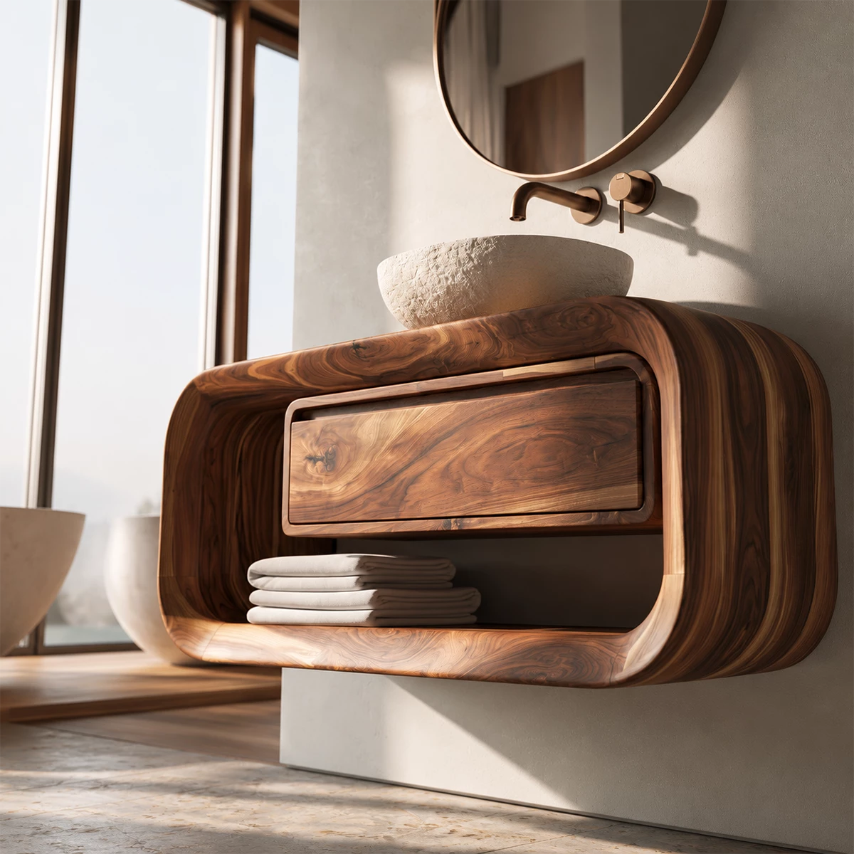 Natural Solid Wood Floating Bathroom Vanity with Drawer and Open Shelf - Livewoodcraft - 7