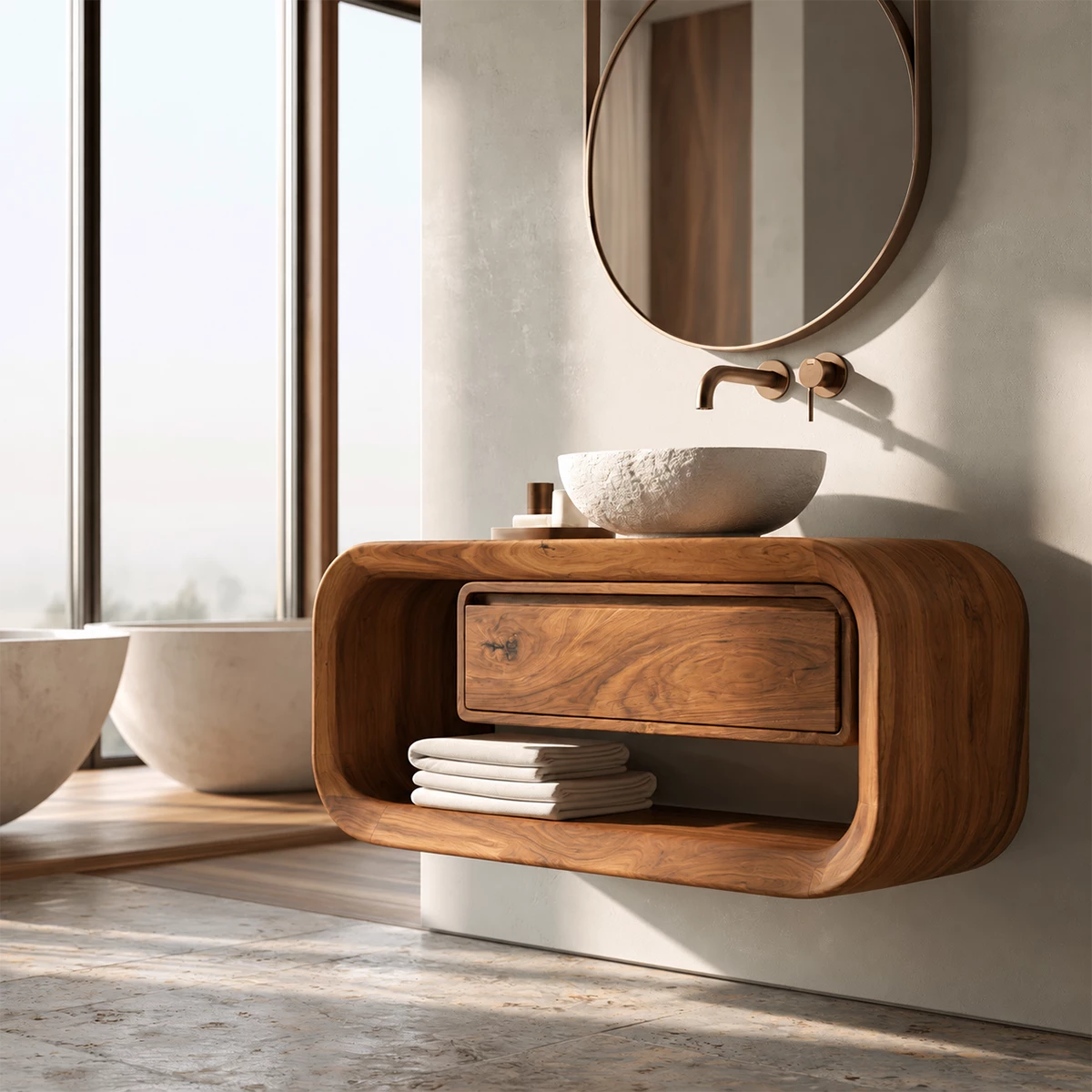 Natural Solid Wood Floating Bathroom Vanity with Drawer and Open Shelf - Livewoodcraft - 9