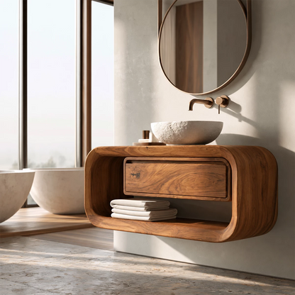Natural Solid Wood Floating Bathroom Vanity with Drawer and Open Shelf - Livewoodcraft - 9