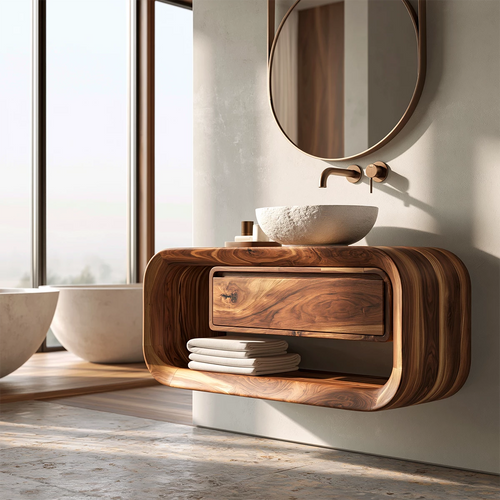 Natural Solid Wood Floating Bathroom Vanity with Drawer and Open Shelf - Livewoodcraft