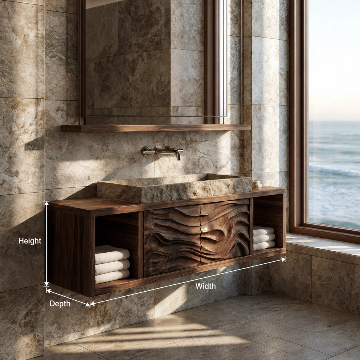 Natural Solid Wood Floating Bathroom Vanity with Four Carved Drawers - Livewoodcraft - 10
