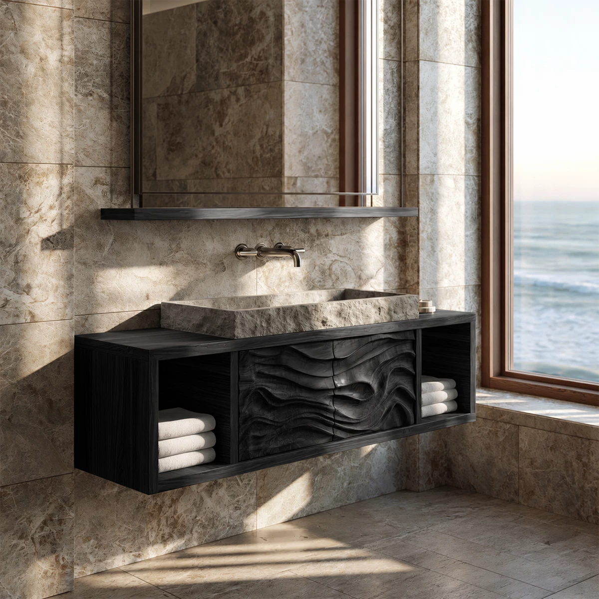 Natural Solid Wood Floating Bathroom Vanity with Four Carved Drawers - Livewoodcraft - 2