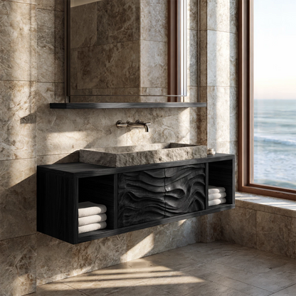 Natural Solid Wood Floating Bathroom Vanity with Four Carved Drawers - Livewoodcraft - 2