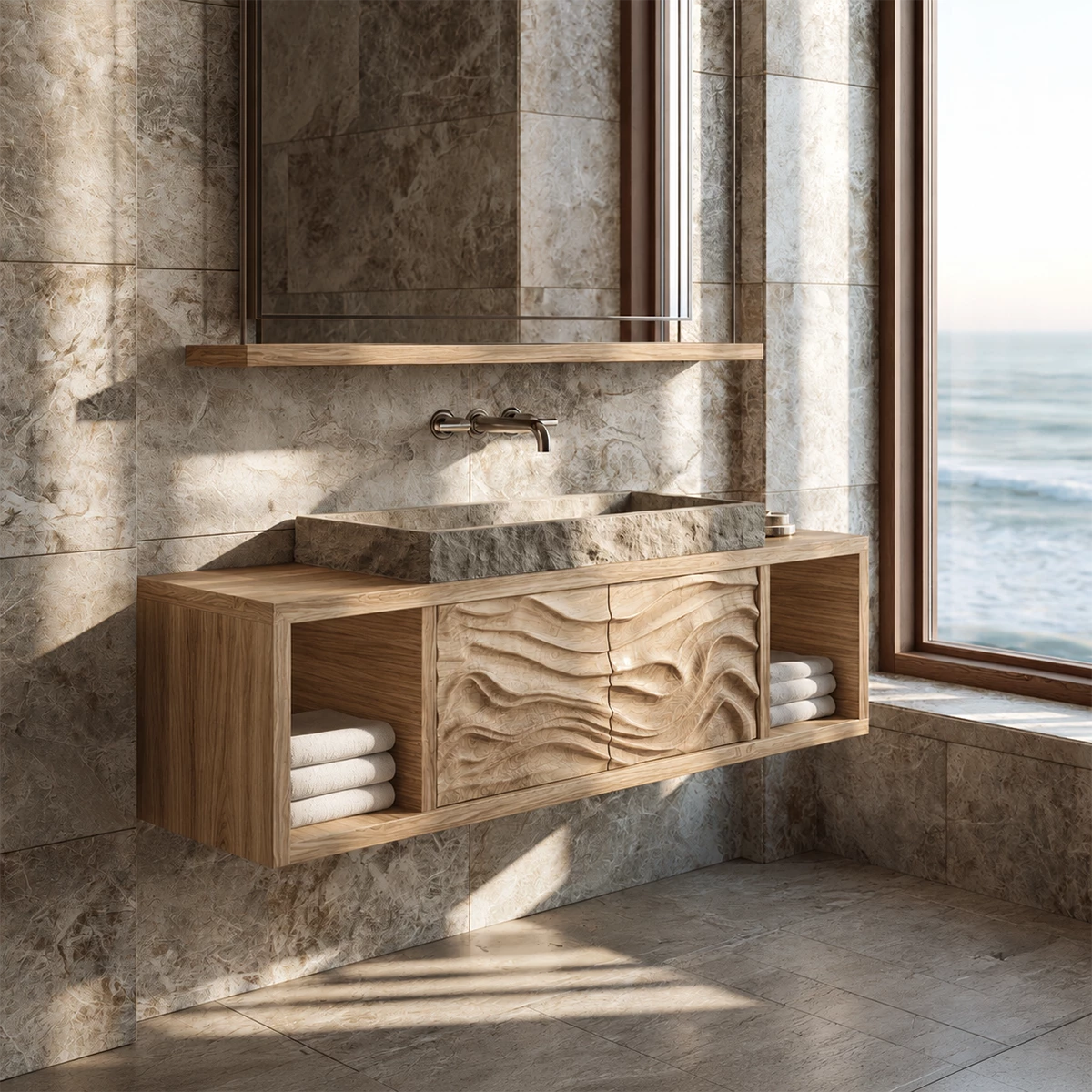 Natural Solid Wood Floating Bathroom Vanity with Four Carved Drawers - Livewoodcraft - 3
