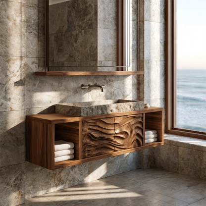 Natural Solid Wood Floating Bathroom Vanity with Four Carved Drawers - Livewoodcraft - 4