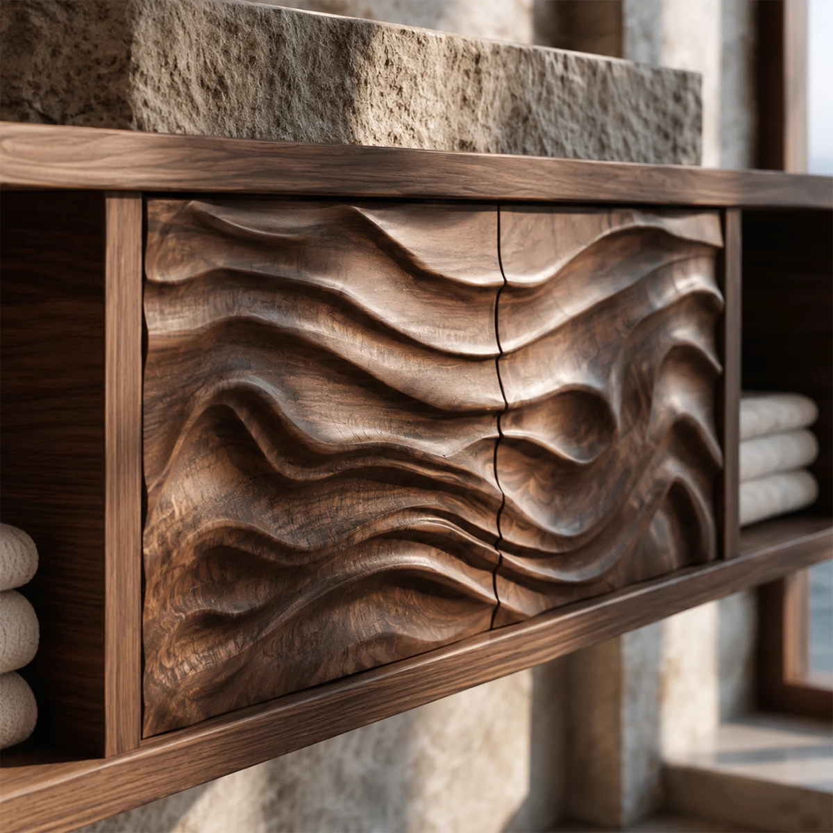 Natural Solid Wood Floating Bathroom Vanity with Four Carved Drawers - Livewoodcraft - 5