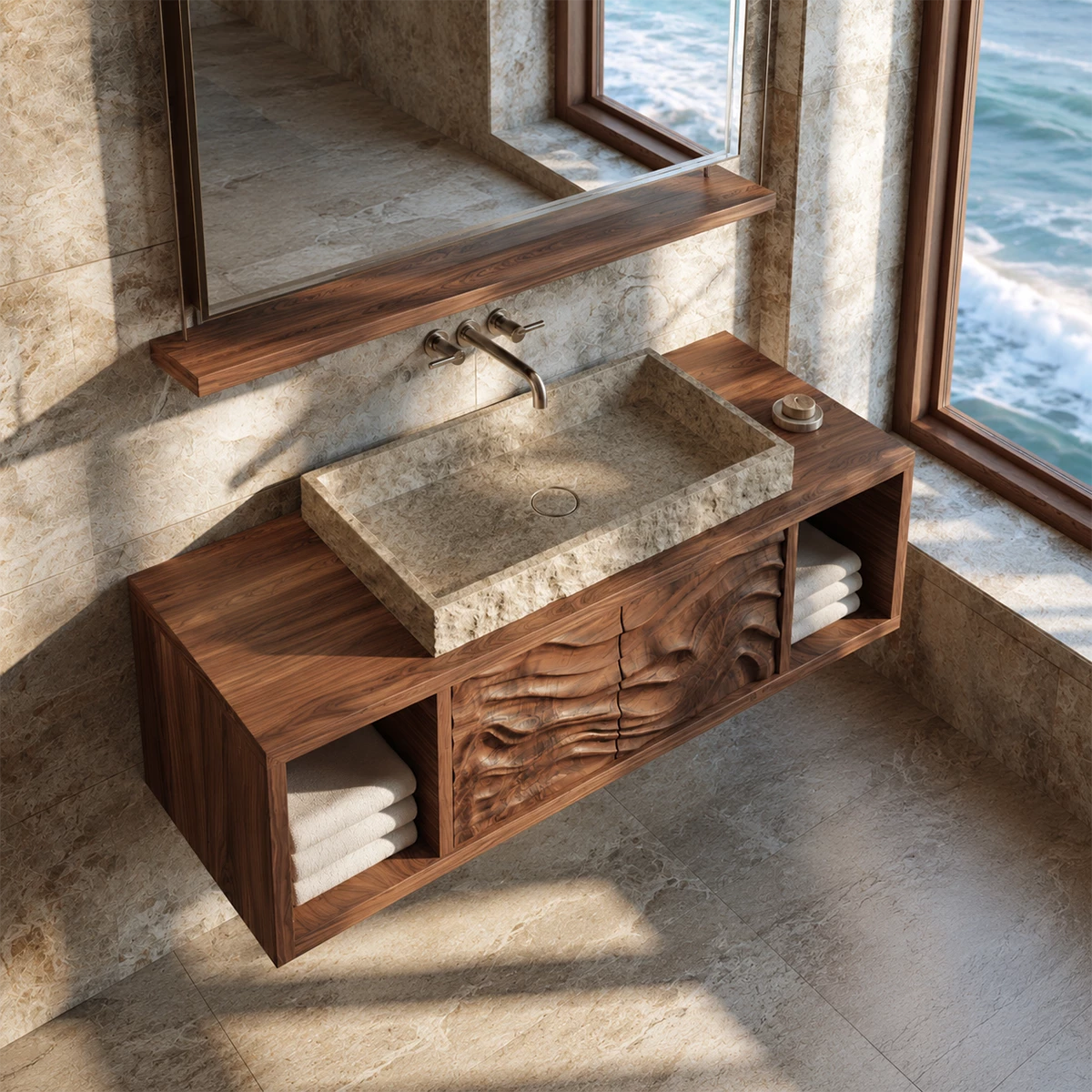 Natural Solid Wood Floating Bathroom Vanity with Four Carved Drawers - Livewoodcraft - 6