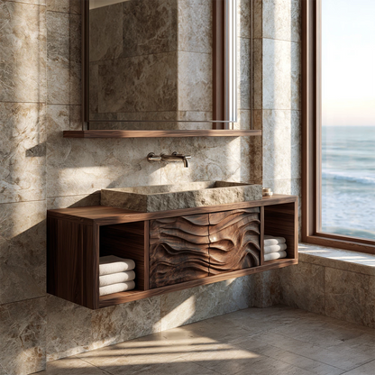 Natural Solid Wood Floating Bathroom Vanity with Four Carved Drawers - Livewoodcraft