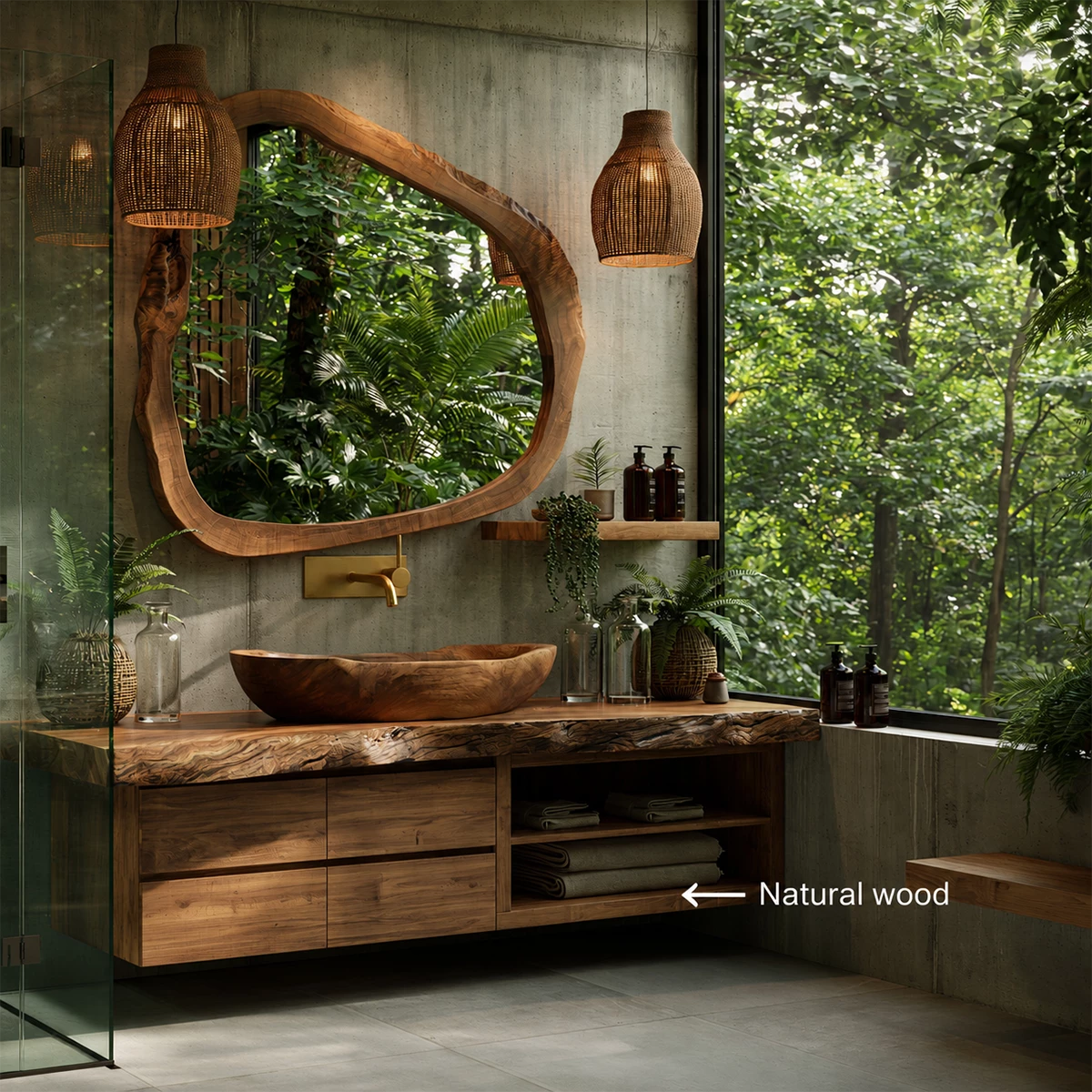 Natural Solid Wood Floating Bathroom Vanity with Four Drawers and Open Shelves - Livewoodcraft - 10