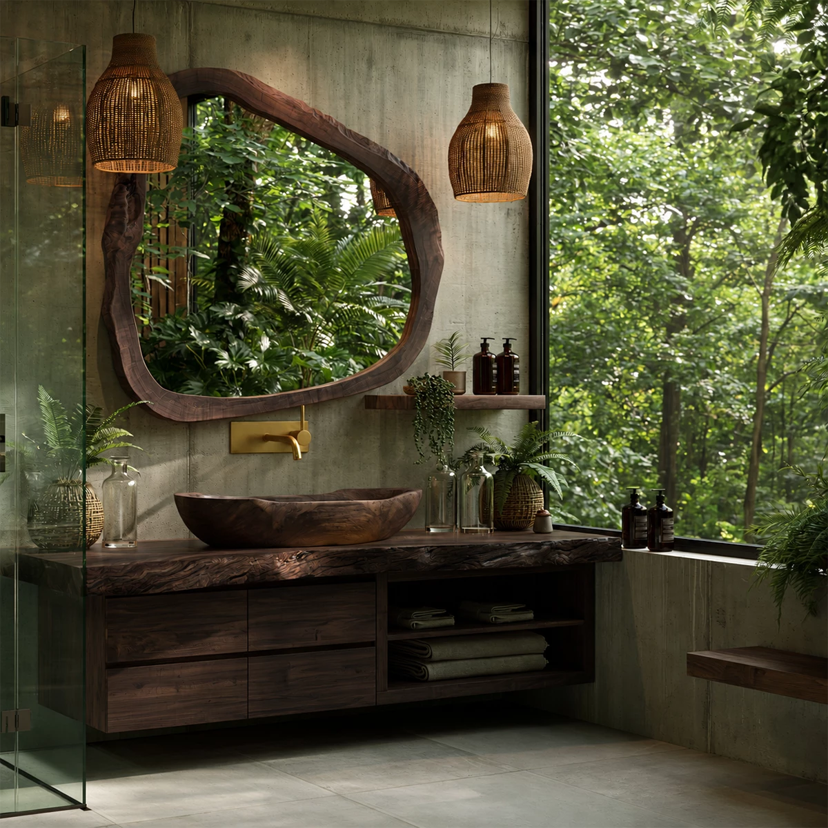 Natural Solid Wood Floating Bathroom Vanity with Four Drawers and Open Shelves - Livewoodcraft - 2