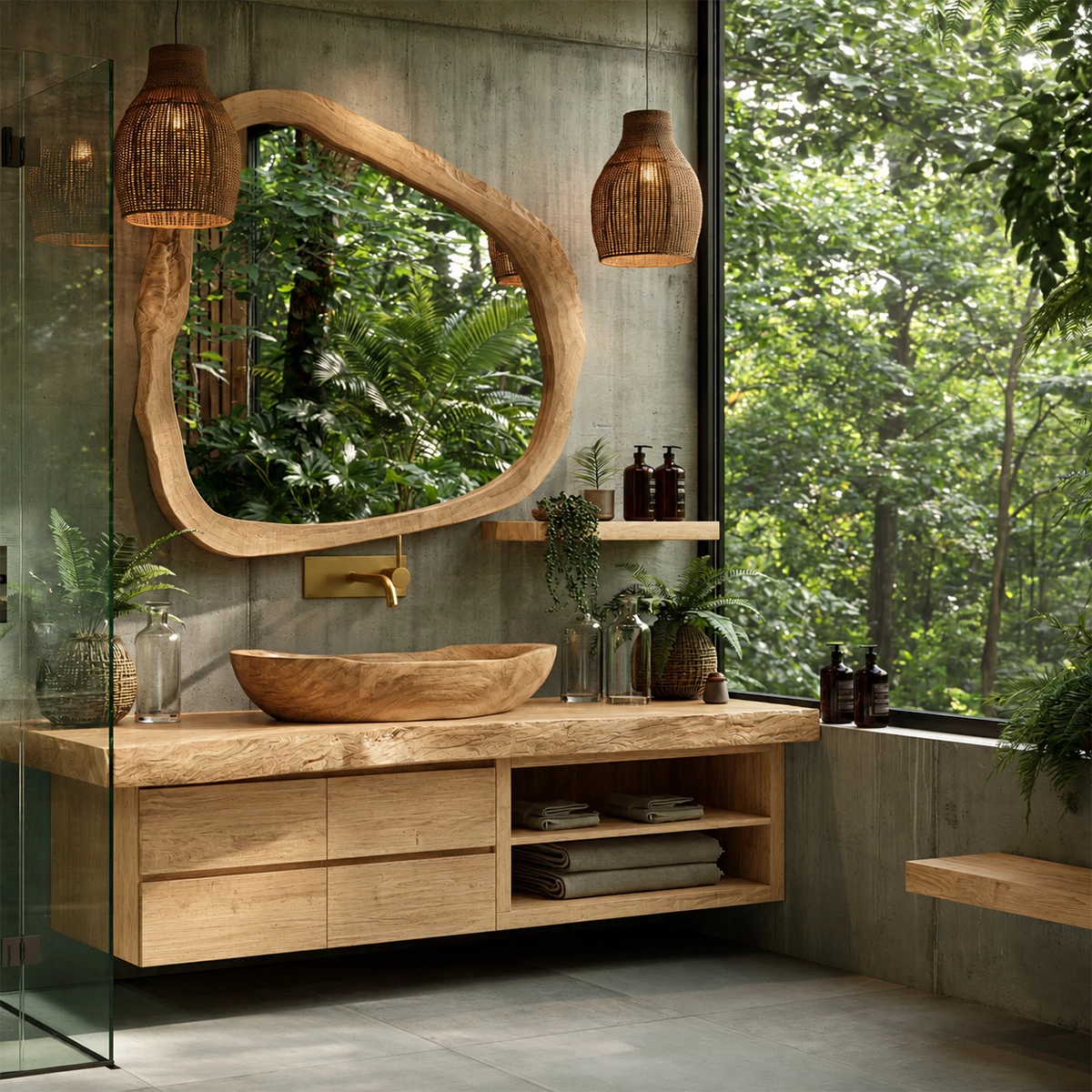 Natural Solid Wood Floating Bathroom Vanity with Four Drawers and Open Shelves - Livewoodcraft - 4