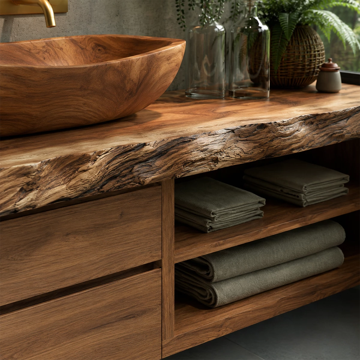 Natural Solid Wood Floating Bathroom Vanity with Four Drawers and Open Shelves - Livewoodcraft - 5
