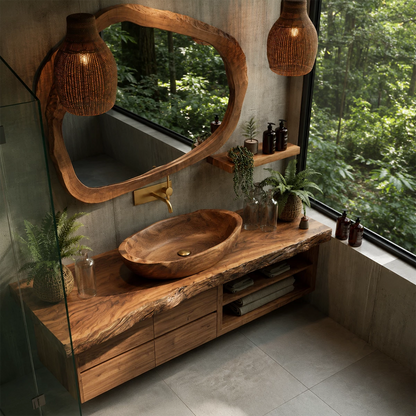 Natural Solid Wood Floating Bathroom Vanity with Four Drawers and Open Shelves - Livewoodcraft - 6