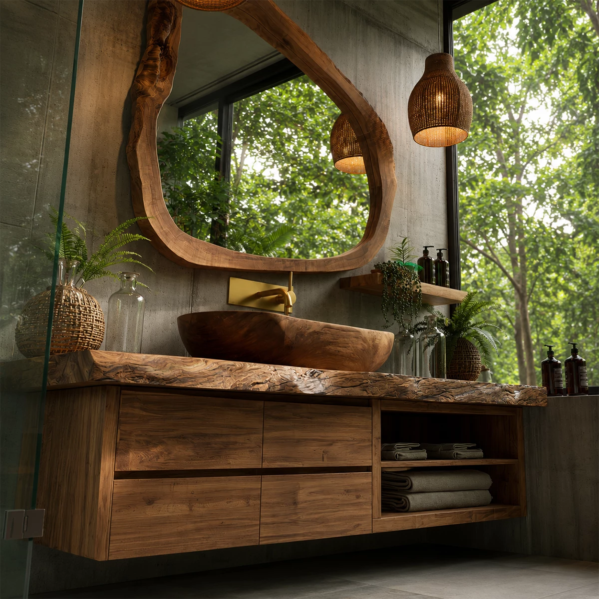 Natural Solid Wood Floating Bathroom Vanity with Four Drawers and Open Shelves - Livewoodcraft - 7