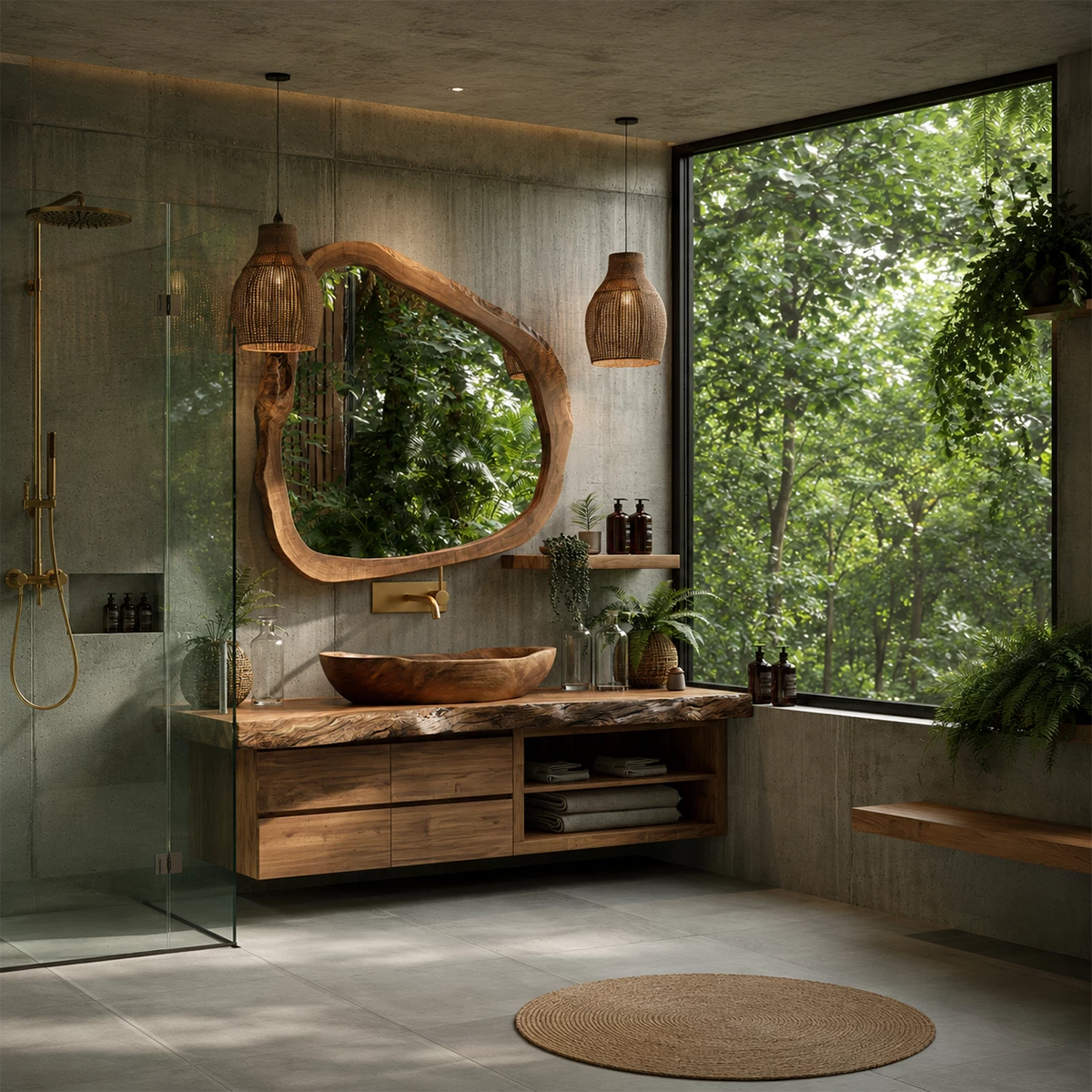 Natural Solid Wood Floating Bathroom Vanity with Four Drawers and Open Shelves - Livewoodcraft - 8