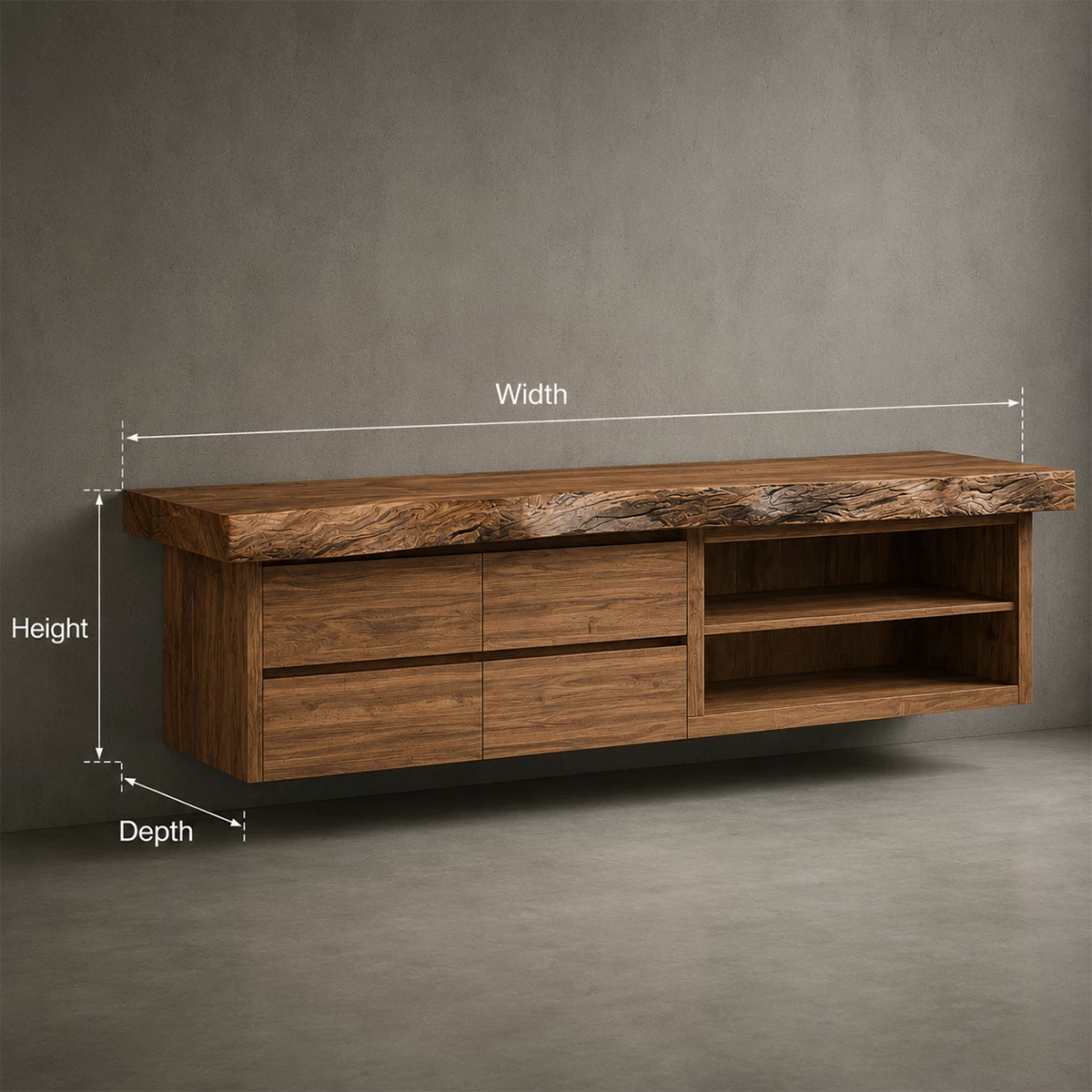 Natural Solid Wood Floating Bathroom Vanity with Four Drawers and Open Shelves - Livewoodcraft - 9