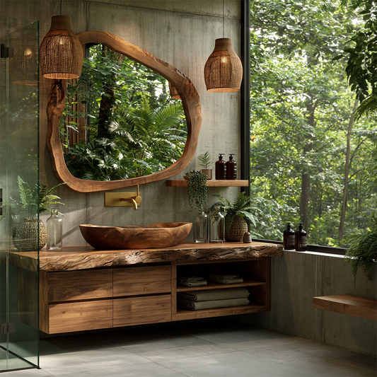 Natural Solid Wood Floating Bathroom Vanity with Four Drawers and Open Shelves - Livewoodcraft