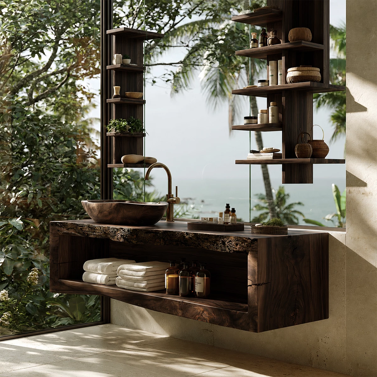Natural Solid Wood Floating Bathroom Vanity with Full Width Open Shelf - Livewoodcraft - 2