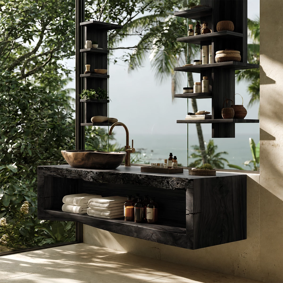 Natural Solid Wood Floating Bathroom Vanity with Full Width Open Shelf - Livewoodcraft - 3