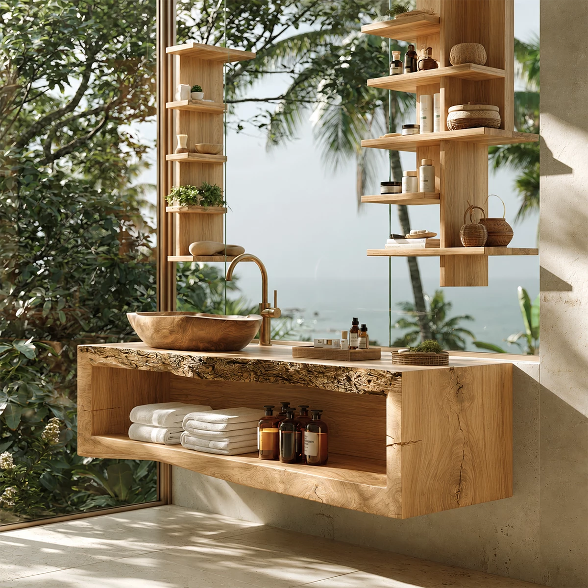 Natural Solid Wood Floating Bathroom Vanity with Full Width Open Shelf - Livewoodcraft - 4