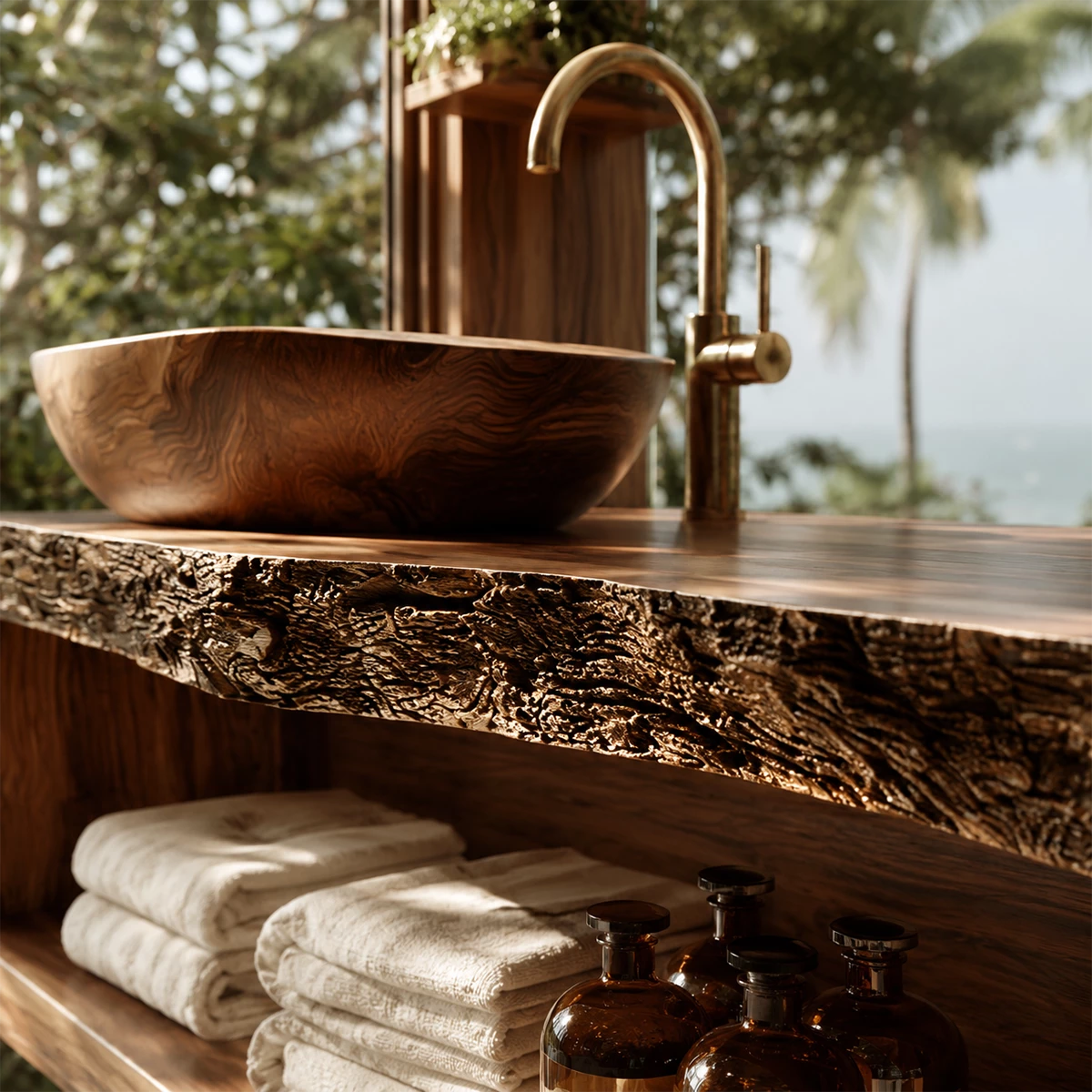Natural Solid Wood Floating Bathroom Vanity with Full Width Open Shelf - Livewoodcraft - 5