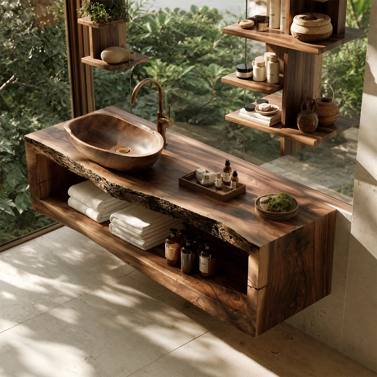 Natural Solid Wood Floating Bathroom Vanity with Full Width Open Shelf - Livewoodcraft - 6