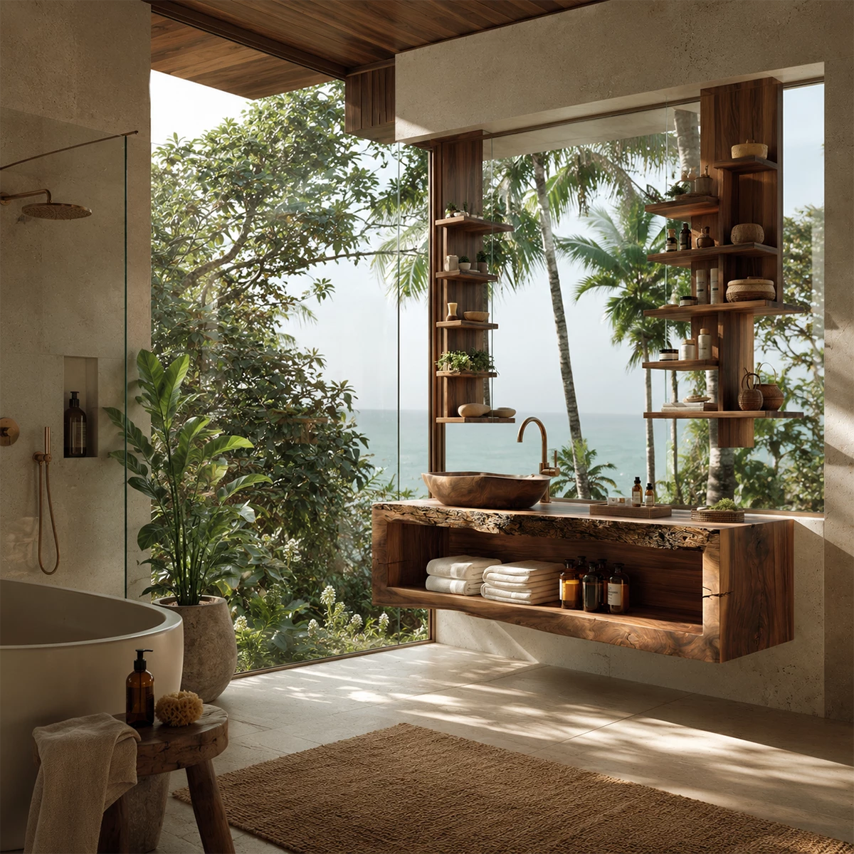 Natural Solid Wood Floating Bathroom Vanity with Full Width Open Shelf - Livewoodcraft - 8