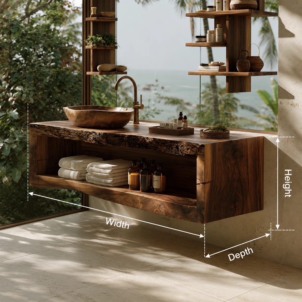 Natural Solid Wood Floating Bathroom Vanity with Full Width Open Shelf - Livewoodcraft - 9