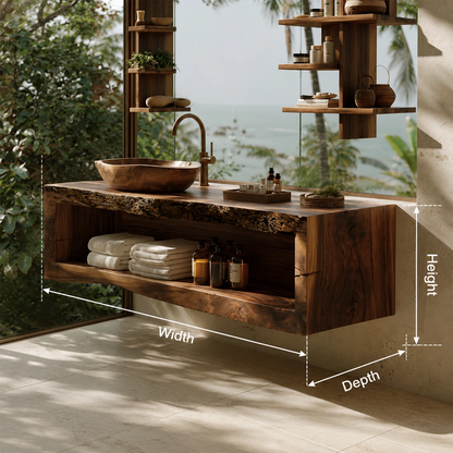 Natural Solid Wood Floating Bathroom Vanity with Full Width Open Shelf - Livewoodcraft - 9