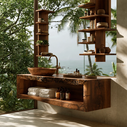 Natural Solid Wood Floating Bathroom Vanity with Full Width Open Shelf - Livewoodcraft