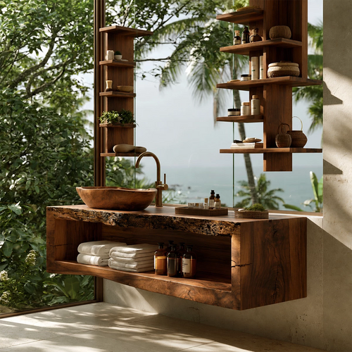 Natural Solid Wood Floating Bathroom Vanity with Full Width Open Shelf - Livewoodcraft