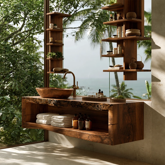 Natural Solid Wood Floating Bathroom Vanity with Full Width Open Shelf - Livewoodcraft