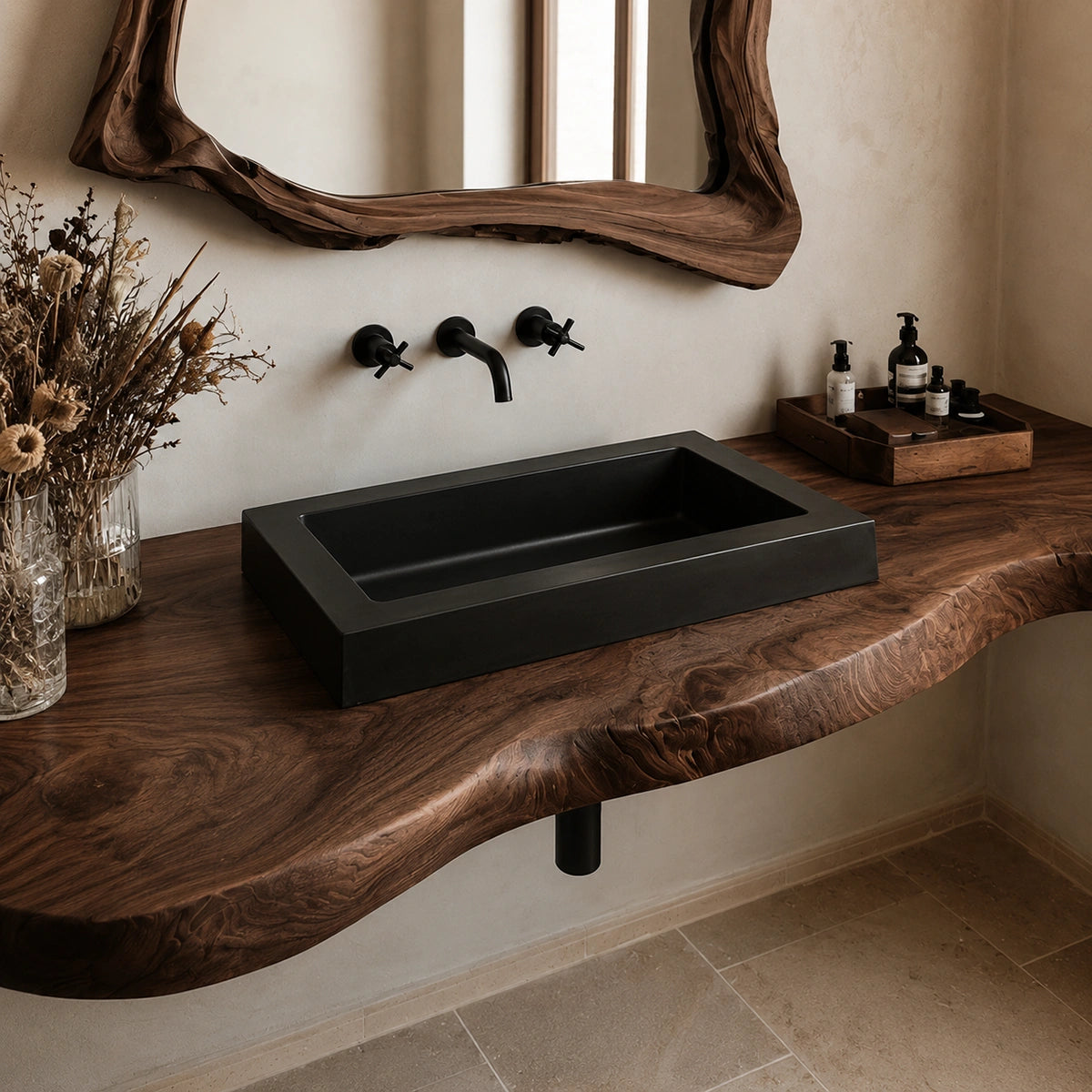 Natural Solid Wood Floating Bathroom Vanity with Hand Sculpted Live Edge - Livewoodcraft - 5