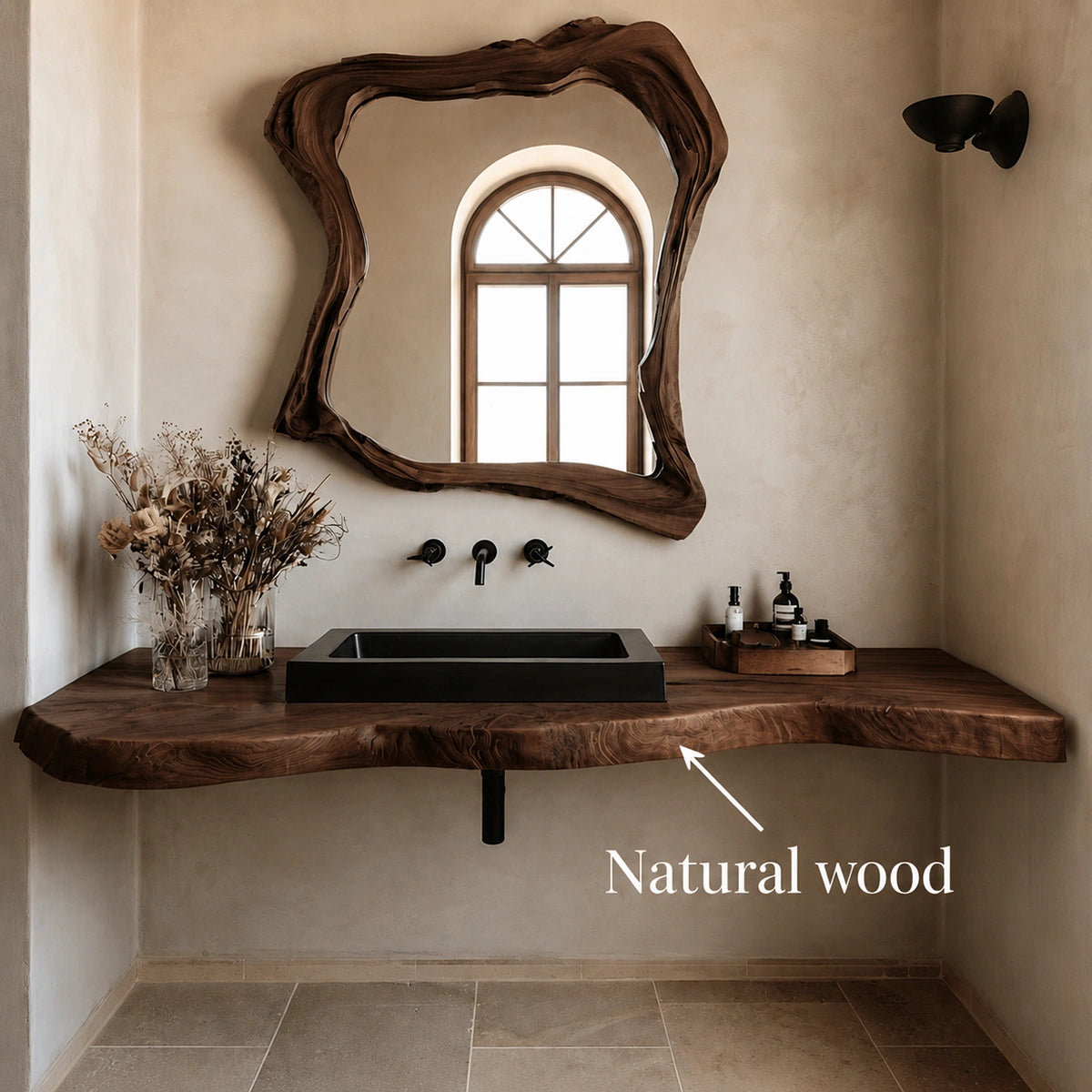 Natural Solid Wood Floating Bathroom Vanity with Hand Sculpted Live Edge - Livewoodcraft - 9