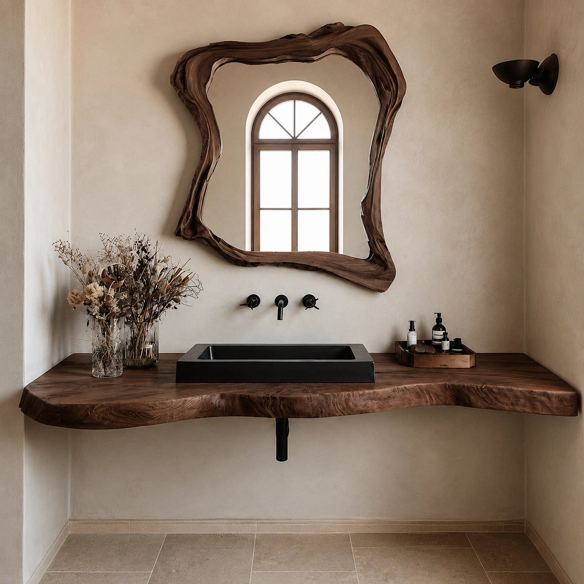 Natural Solid Wood Floating Bathroom Vanity with Hand Sculpted Live Edge - Livewoodcraft