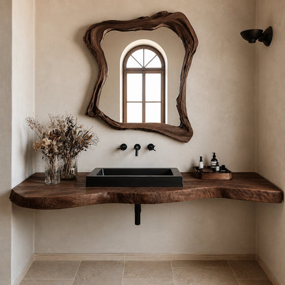 Natural Solid Wood Floating Bathroom Vanity with Hand Sculpted Live Edge - Livewoodcraft