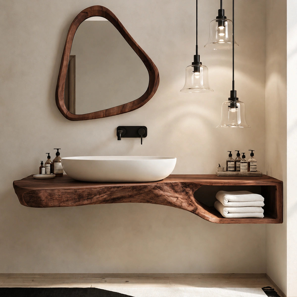 Natural Solid Wood Floating Bathroom Vanity with Open Towel Shelf - Livewoodcraft - 2