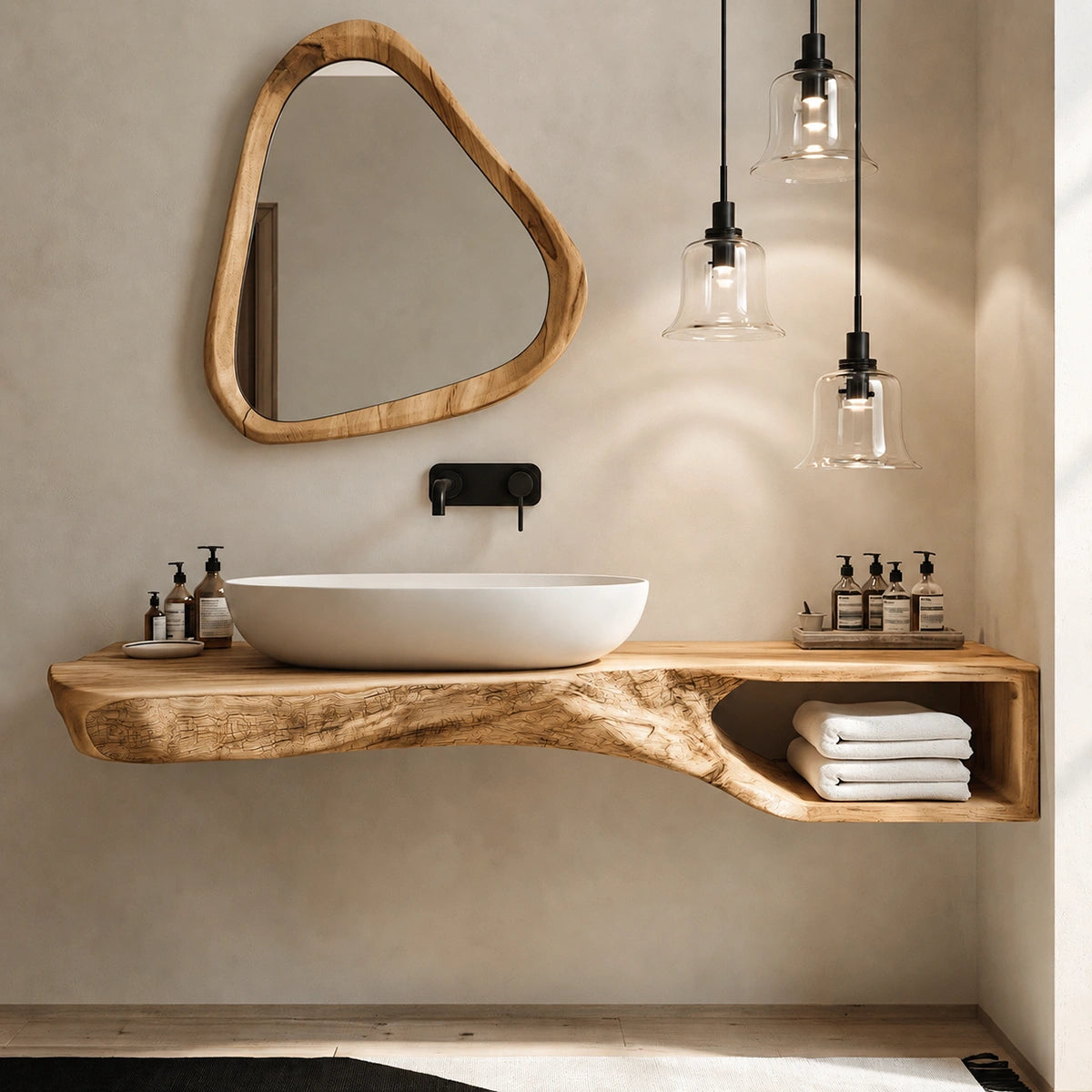 Natural Solid Wood Floating Bathroom Vanity with Open Towel Shelf - Livewoodcraft - 3