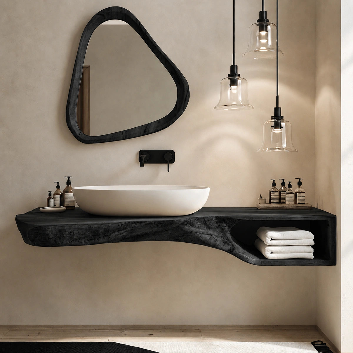 Natural Solid Wood Floating Bathroom Vanity with Open Towel Shelf - Livewoodcraft - 4