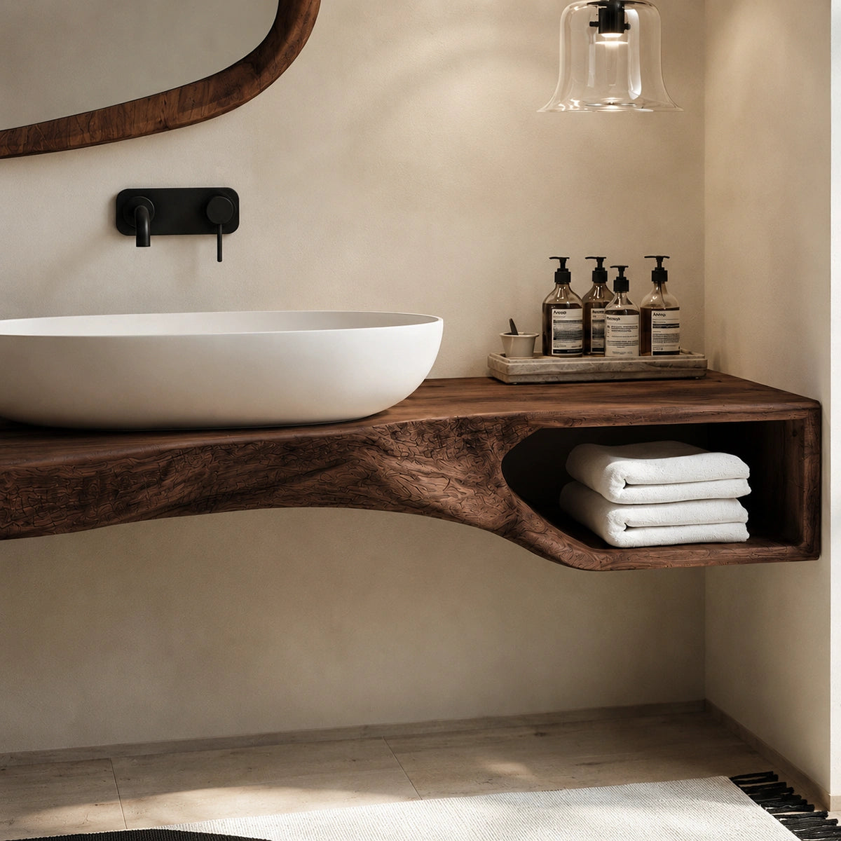 Natural Solid Wood Floating Bathroom Vanity with Open Towel Shelf - Livewoodcraft - 5