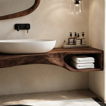 Natural Solid Wood Floating Bathroom Vanity with Open Towel Shelf - Livewoodcraft - 5