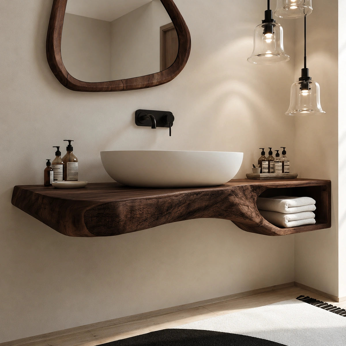 Natural Solid Wood Floating Bathroom Vanity with Open Towel Shelf - Livewoodcraft - 6