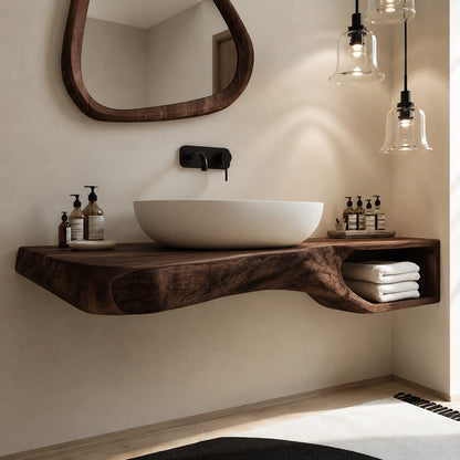 Natural Solid Wood Floating Bathroom Vanity with Open Towel Shelf - Livewoodcraft - 6