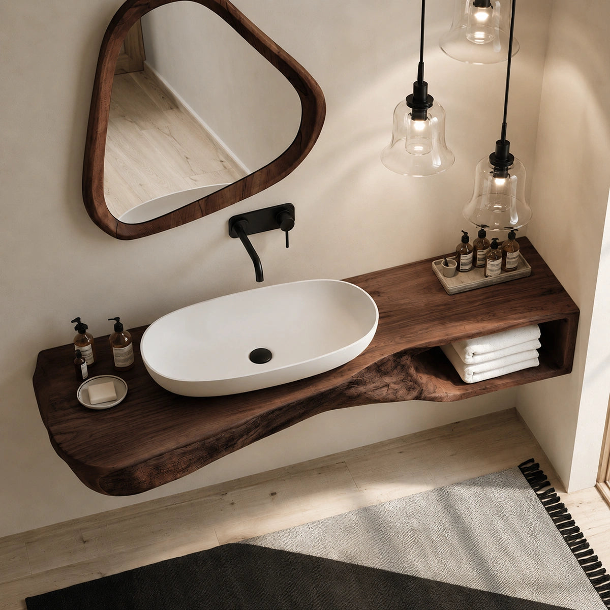 Natural Solid Wood Floating Bathroom Vanity with Open Towel Shelf - Livewoodcraft - 7