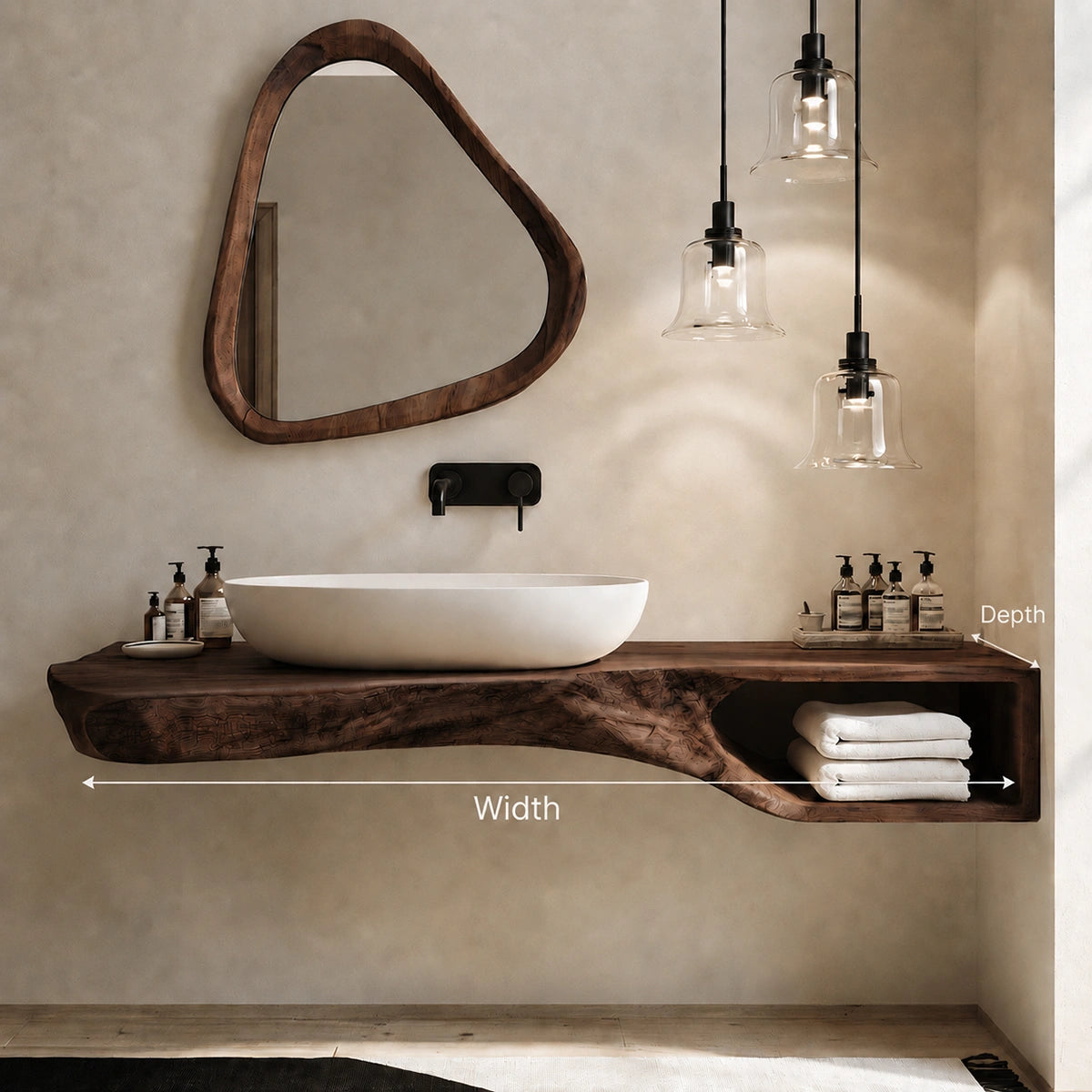 Natural Solid Wood Floating Bathroom Vanity with Open Towel Shelf - Livewoodcraft - 8