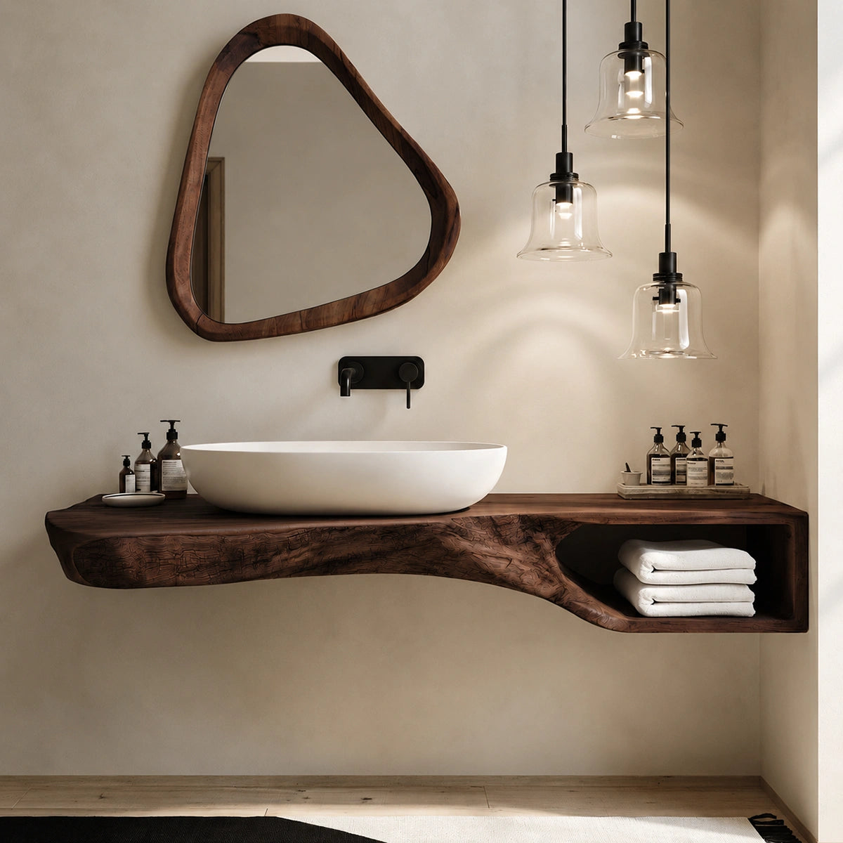 Natural Solid Wood Floating Bathroom Vanity with Open Towel Shelf - Livewoodcraft