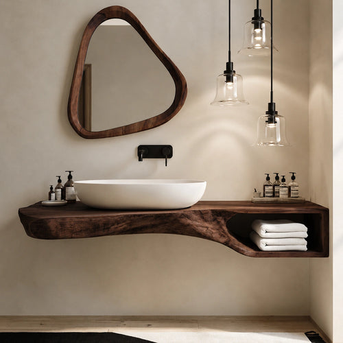 Natural Solid Wood Floating Bathroom Vanity with Open Towel Shelf - Livewoodcraft