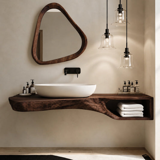 Natural Solid Wood Floating Bathroom Vanity with Open Towel Shelf - Livewoodcraft